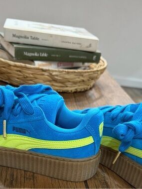 Puma Kids Bright Blue Suede Sneakers with Neon Lime Stripe